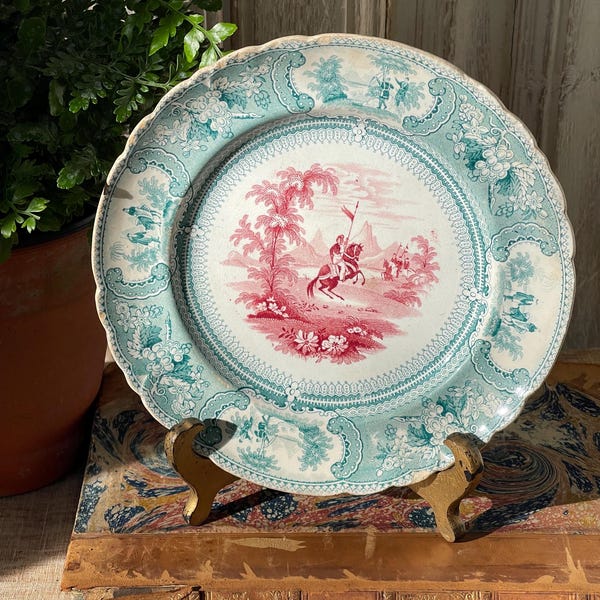 19th Century Antique Rare Two-color transferware “Balzoni ” pattern, plate, 2 available
