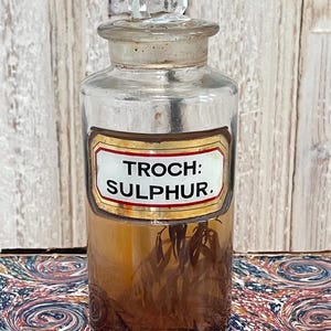 Antique French Sulfer lozenges apothecary bottle with label and glass stopper @1870
