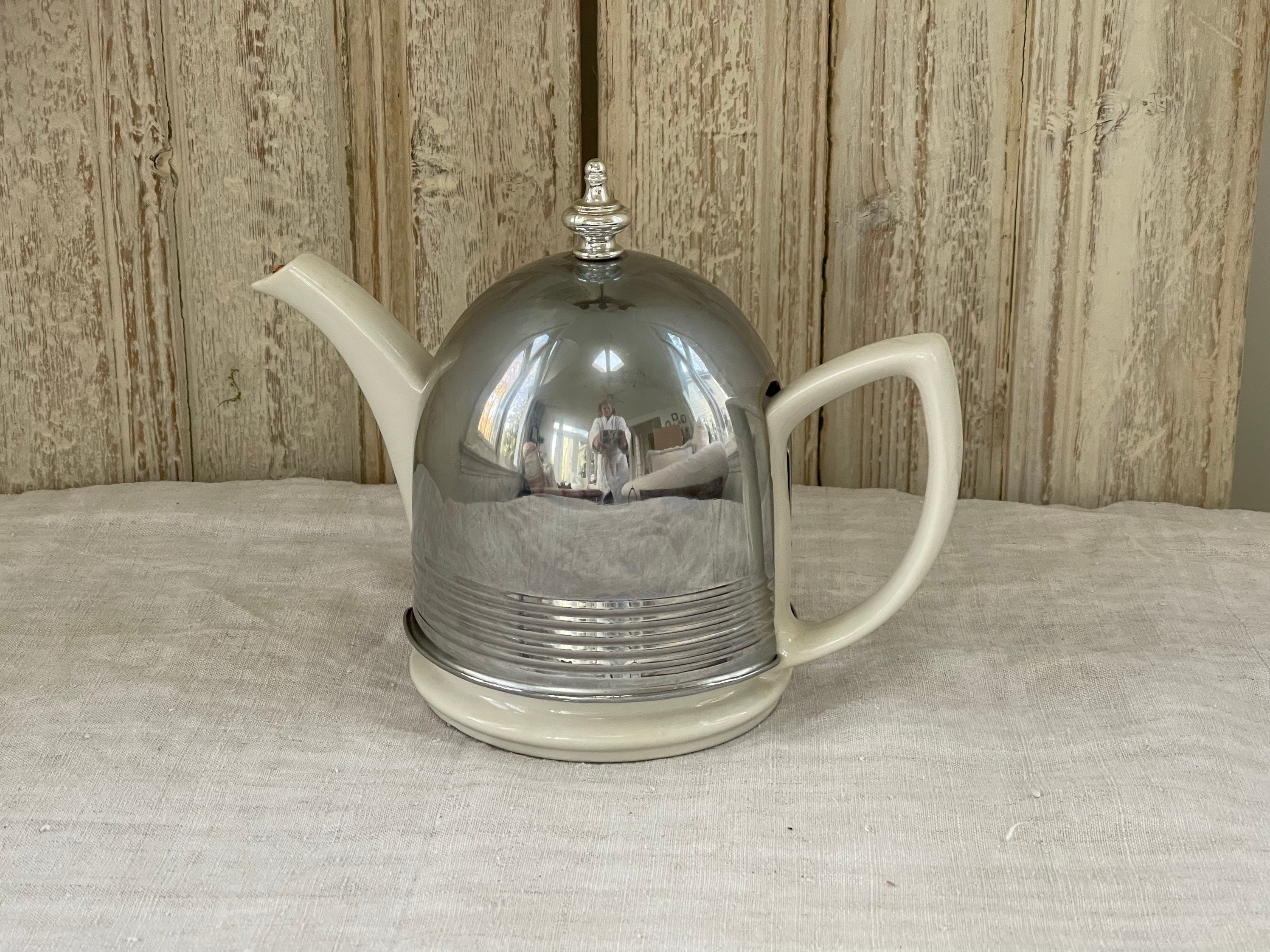 Vintage Ceramic Black Teapot with Gold Metal Insulated Cozy Cover Kettle
