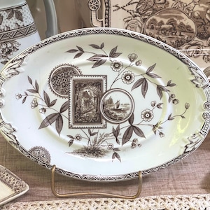 Lovely Antique English “Perak” small oval platter/dish in brown transferware @1885, Aesthetic Movement