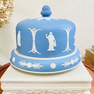 Stunning & Rare Wedgwood Blue Jasperware Cheese Dome, Neoclassical Sacrifice Figures, English Pottery