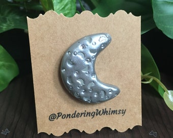 Silver Moon Polymer Clay Pin - Handmade Glowing Lapel Lin