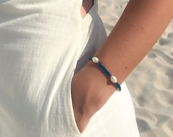 Swiss Blue Topaz Pearl Station Bracelet: 14k Gold Filled Components, Boho Bracelet