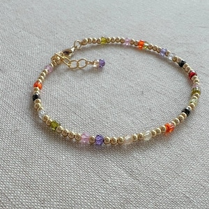 Gold Beaded Bracelet with Multi Colored Cubic Zirconia Accents, Boho Bracelet, Gift for Her, Stacking Bracelet, 14k Gold Filled Beads