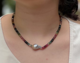 Turmalin und Barockperlen: Handgemachter Boho Edelstein Schmuck, 14k Gold Fill