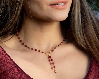 Ruby Necklace, Dainty Lariat Necklace, Gold and Ruby Necklace, July Birthstone Gift, Unique Ruby Necklace, Gift for Mom, Natural Rubies