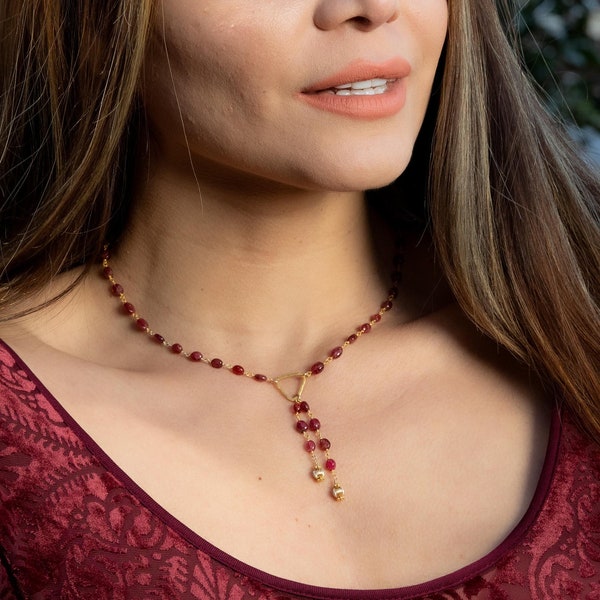 Ruby Necklace, Dainty Lariat Necklace, Gold and Ruby Necklace, July Birthstone Gift, Unique Ruby Necklace, Gift for Mom, Natural Rubies