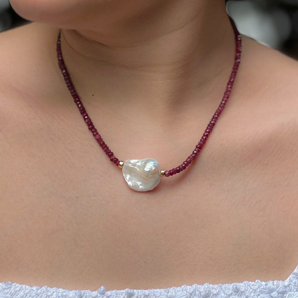 Ruby Necklace with Baroque Pearl, Gemstone Necklace, Natural Rubies, Pearl Necklace, Gift For Her, Boho, Handmade Necklace, Romantic Gems