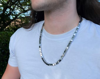 Men's Hematite Cube Necklace: Oxidized Sterling Silver Clasp
