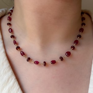 Ruby and Garnet Gemstone Necklace: 14k Gold Filled Wire,  Boho Jewelry