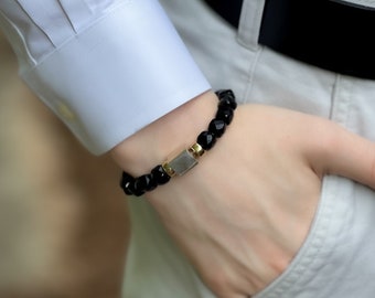 Bracelet pour homme en tourmaline noire, bracelet en tourmaline, bracelet en pierres précieuses, cadeau qu'il aimera, fait à la main, cadeau de fête des pères, Boho