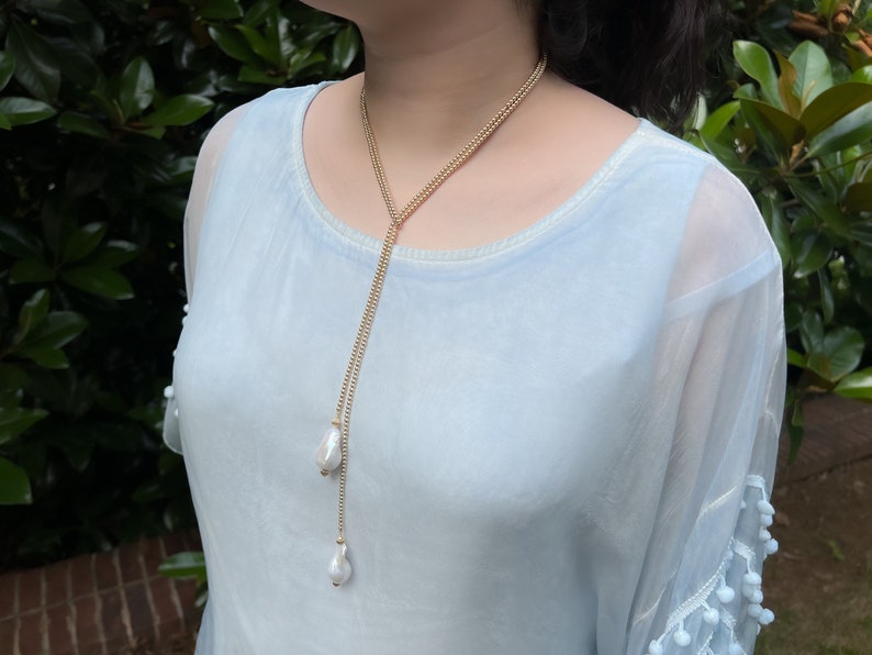 Gold Bead Multi-Way Necklace with Baroque Pearl Ends, Gold Bead Lariat Necklace