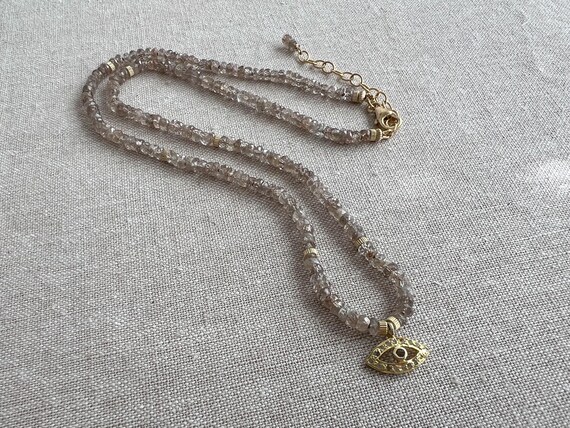Brown Spinel Necklace: Gold Vermeil Evil Eye Pendant, Hand Knotted
