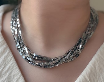 Silber Hämatit Multi Strang Halskette: Sterling Silber Boho Statement Schmuck