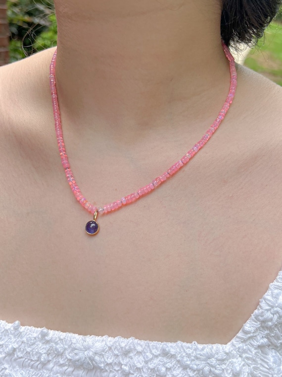 Pink Opals Necklace with Tanzanite Pendant: Ethiopian Opals, Hand Knotted, Boho Jewelry