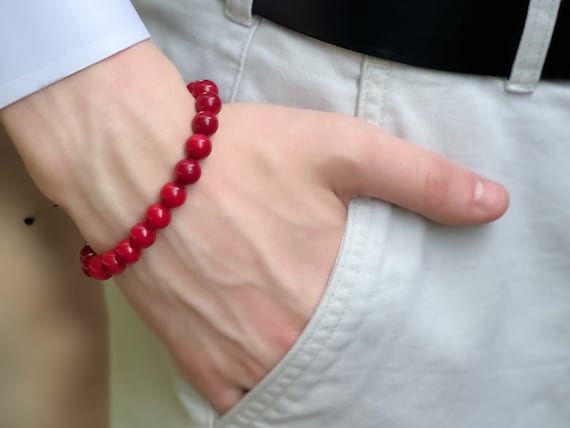 Men's Red Coral Bracelet: Adjustable, Boho Style, Unisex Jewelry
