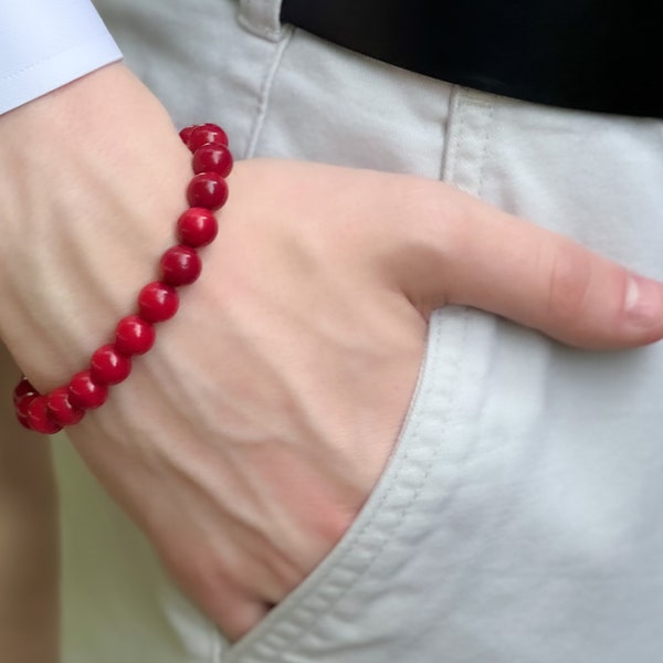 Men's Red Coral Adjustable Bracelet, Coral Bracelet, Unisex Bracelets, Boho Style, Handmade, Gift for Him, Fathers Day Gift, Summer Bracelet