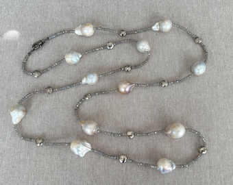 Baroque Pearl and Labradorite Necklace, Long Gemstone Necklace, Gift for Her, Mother's Day, Handmade Necklace, Boho Style, Classic Necklace