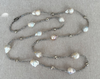 Labradorite and Baroque Pearl Necklace: Pyrite Accents, Fine Boho Jewelry