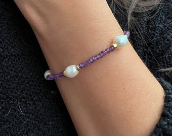 Amethyst and Freshwater Pearl Bracelet, Gemstone Bracelet, Amethyst Bracelet, Rice Pearls, February Birthstone, Popular Style, Handmade