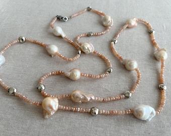 Moonstone and Baroque Pearl Necklace: Pyrite Accents, Oxidized Sterling and Diamond Pave Clasp