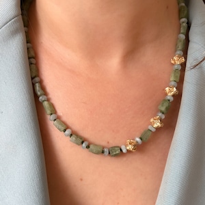 Green Apatite & Aquamarine Necklace:  14k Gold Filled Accents, Boho Gemstone Jewelry