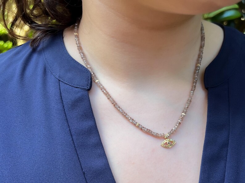 Brown Spinel Necklace with Pave Evil Eye Charm