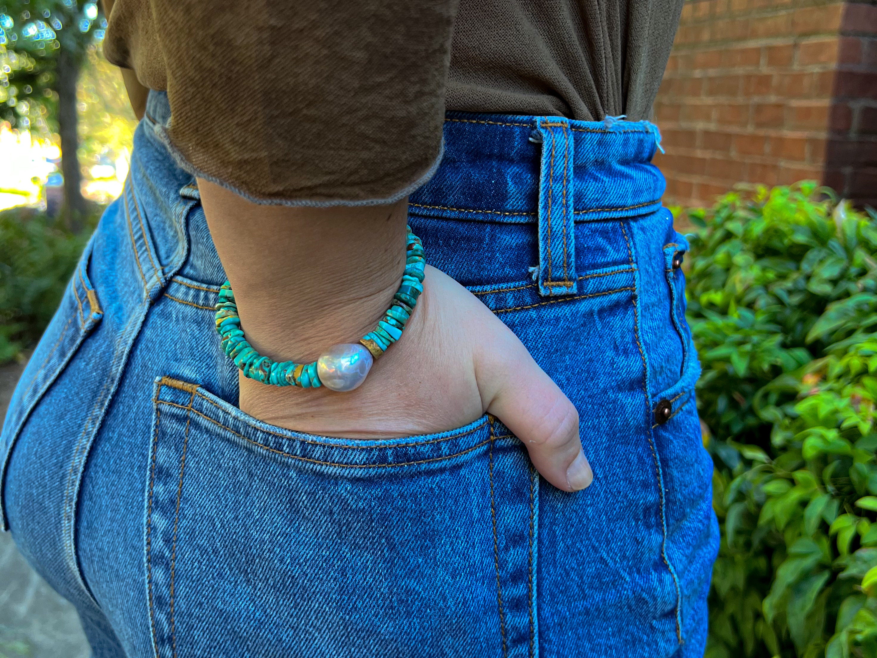Turquoise Heishi and Baroque Pearl Bracelet, Turquoise