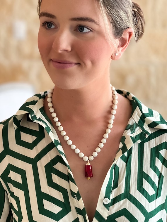 Riverstone Necklace: Red Coral Pendant, 14k Gold Filled Clasp, Summer Gemstone Jewelry