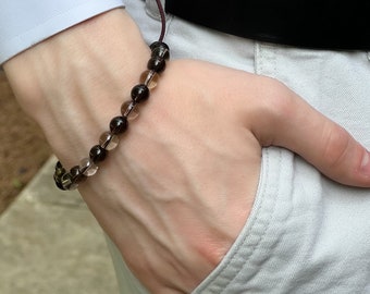 Men's Smoky Quartz Bracelet: Two Tone Adjustable Gemstone Bracelet, Unisex Jewelry