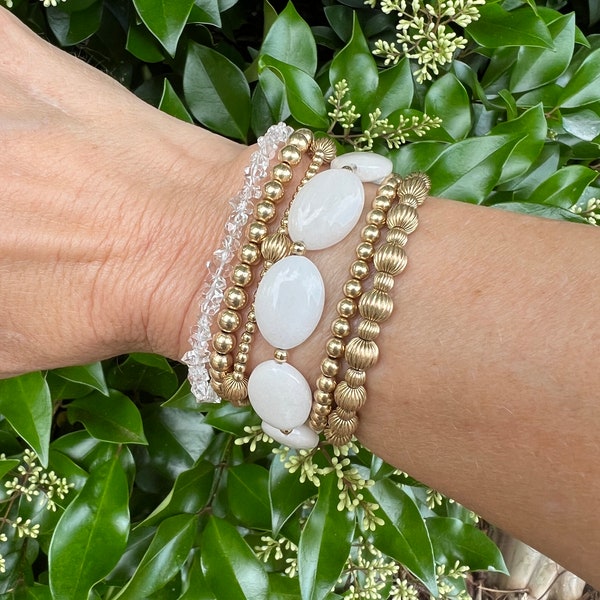 White Jade Bracelet with 14K Gold Filled Accents, Gemstone Bracelet, Boho Style, Gift for Her, Summer Jewelry, White Bracelet, Handmade