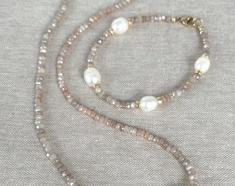 Moonstone and Rice Pearl Necklace, Gemstone Necklace, Rice