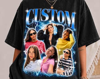 May include: A black short-sleeve t-shirt featuring a large graphic print with the word CUSTOM in blue metallic lettering. The design includes six individual photographs of a person in various outfits, surrounded by blue lightning and star effects.