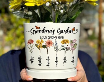 Grandma Gift, Personalized Flower Pot, Custom Birth Month Flower Gift, Mother’s Day Gift from Grandkids, Custom Planter Gift, Ceramic Pot
