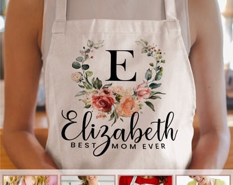 Personalized Floral Apron for Women w/ Pocket Adjustable Neck Custom Aprons Chef Gifts Grilling Apron Baking Gift, Mom, Daughter, Kitchen