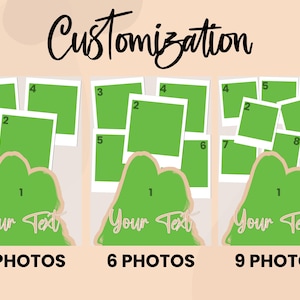May include: A customization guide featuring three layout options for photo collages. Each layout displays a green mountain-shaped graphic with the text Your Text and numbered white-bordered photo frames, labeled 4 PHOTOS, 6 PHOTOS, and 9 PHOTOS.