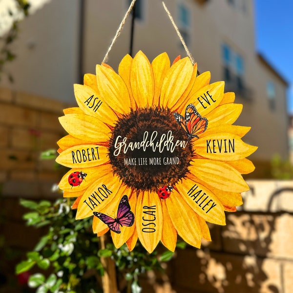 Custom Grandma Gifts, Grandma's Garden Sunflower Wood Sign with Butterfly, Grandkids Name Wood Wall Art Sign, Home Décor for Mom, Nana
