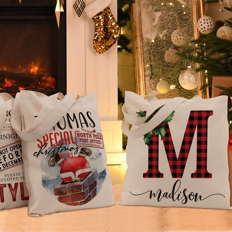 Personalized Christmas Tote Bag, Customized Gift Bags, Cute Xmas Gifts, Holiday Totes, Monogrammed Tote Bag, Custom Xmas Gift Bag, New Year 