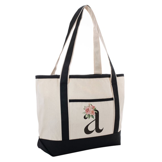 Floral Initial Black Layout Cotton Canvas Tote Bag for Daily | Etsy