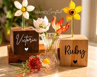 Glass Birth Month Flower, Hand Blown Glass Flower Bouquet with Vase, Custom Wood Stand, Mom Gifts, Birthday Gift for Her, Floral Keepsake