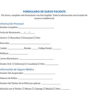 Formulario de Nuevo Paciente para Oficina Médica - Plantilla Digital en Español - Diseño Profesional