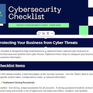May include: A digital document titled "Cybersecurity Checklist" with the Cyber Clarity logo. The document features headings like "Protecting Your Business from Cyber Threats" and "Checklist Items." The design uses a dark blue background with white and green accents.