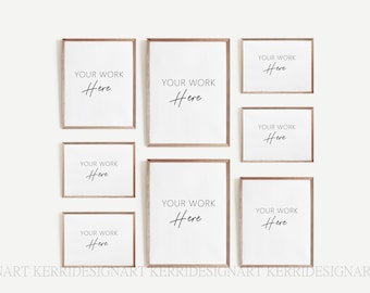 May include: A gallery wall mockup with eight wood framed prints, each with the text "YOUR WORK Here" in a handwritten font.