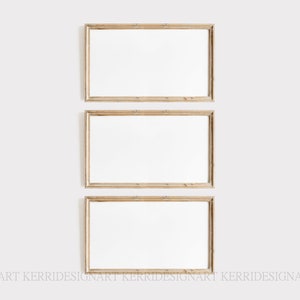 Op de afbeelding: Drie rechthoekige houten fotolijsten met een lichtbruine afwerking zijn verticaal tegen een witte muur geplaatst. Elke lijst heeft een wit interieur, klaar voor kunstwerken of foto's. De lijsten zijn leeg.
