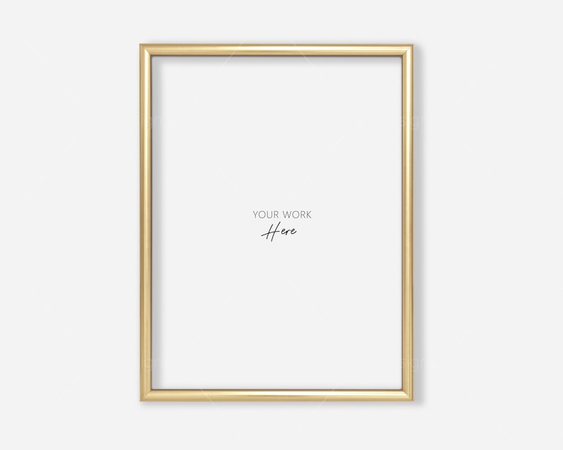 K&ouml;nnte beinhalten: Ein goldfarbener Bilderrahmen mit wei&szlig;em Hintergrund. Der Text "YOUR WORK Here" ist in Schwarz auf dem wei&szlig;en Hintergrund geschrieben.