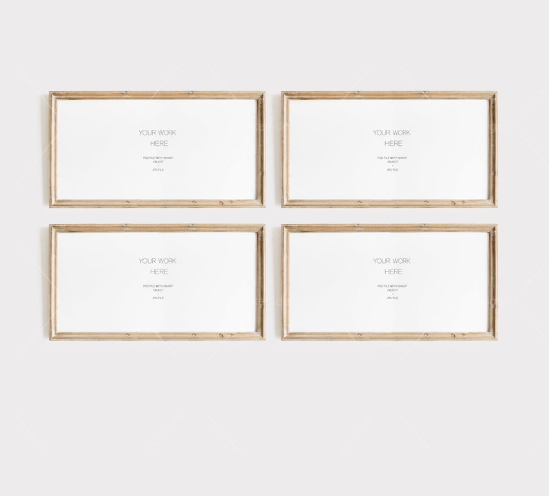 May include: Four wood framed prints with a white background and the text "Your Work Here" in the center of each print.