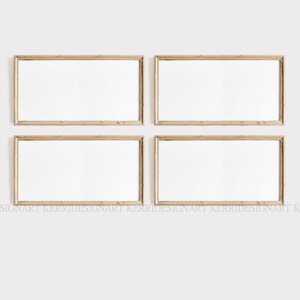 May include: Four empty, light brown wooden picture frames are arranged in a grid pattern on a white wall. The frames are all the same size and shape, and they are all oriented horizontally.