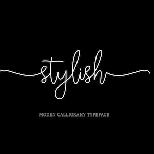 May include: A white cursive font design for the word "stylish" with the text "MODERN CALLIGRAPHY TYPEFACE" below.