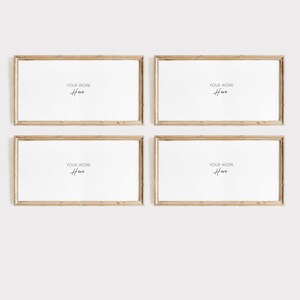 May include: Four light brown wooden picture frames with a white background. The frames are arranged in a square shape. The text "YOUR WORK HERE" is written in black cursive inside each frame.