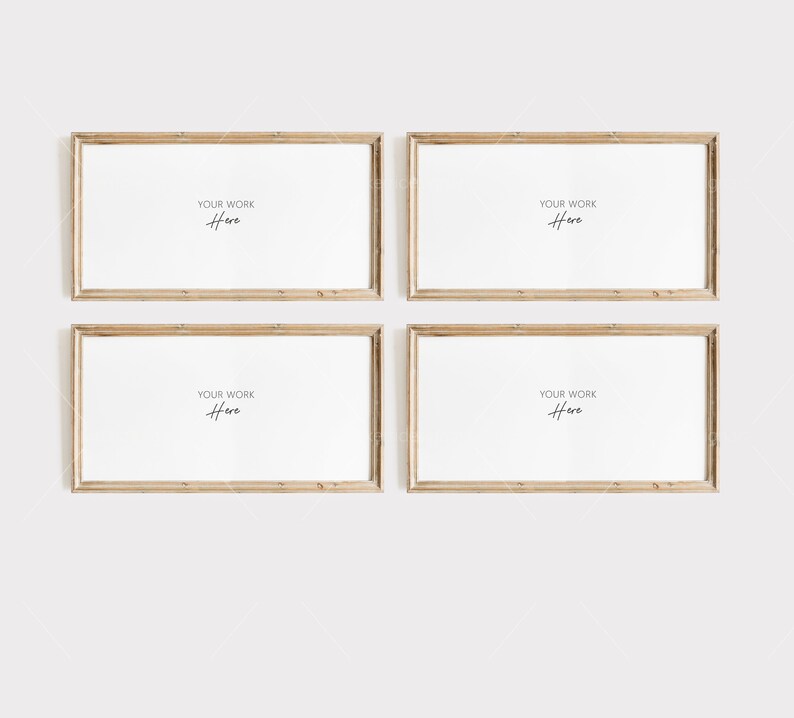 May include: Four light brown wooden picture frames with a white background. The frames are arranged in a square shape. The text "YOUR WORK HERE" is written in black cursive inside each frame.
